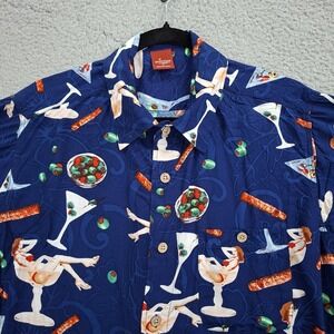 Vintage Junction West Men's Martini Print Hawaiian Shirt L Blue Pinup Retro